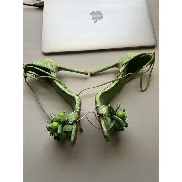 Schutz Sandals High Heel 4.5" Green Jeweled Front Ankle Wrap Size 5B - Picture 3 of 7